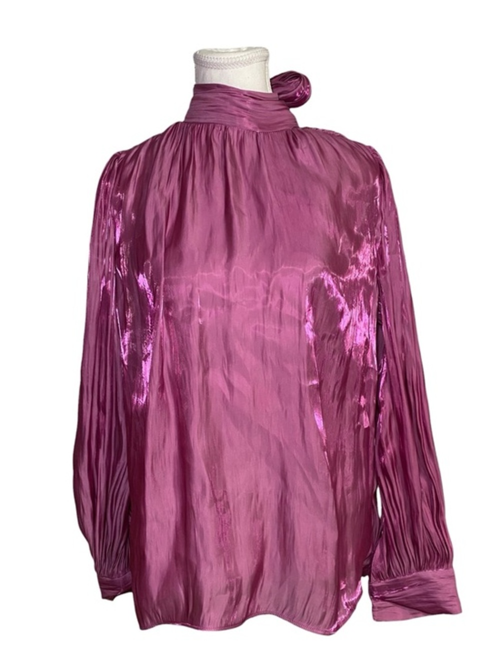Aveloria Metallic Magenta Pleated
Long Sleeve Bow Neck Blouse